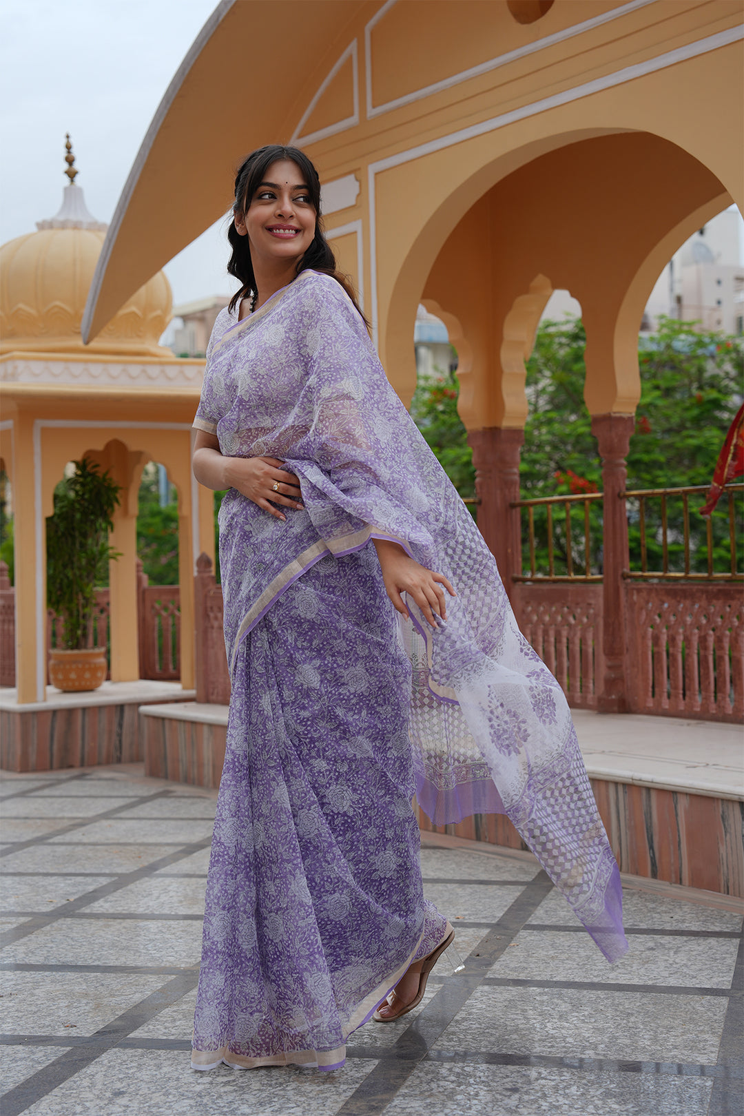 Pihu Purple Block Printed Kota Doria Saree with Blouse