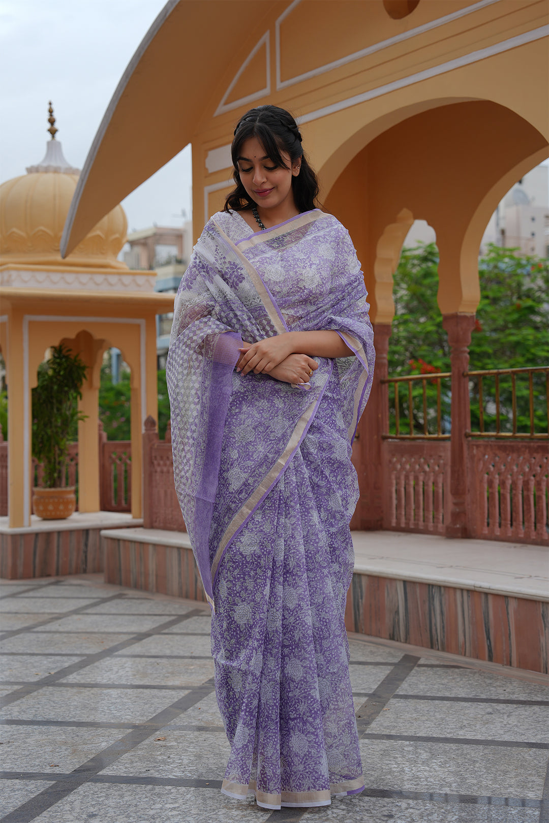 Pihu Purple Block Printed Kota Doria Saree with Blouse