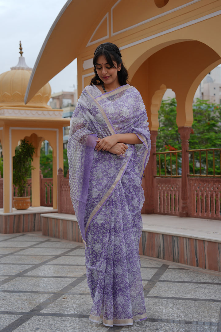 Pihu Purple Block Printed Kota Doria Saree with Blouse