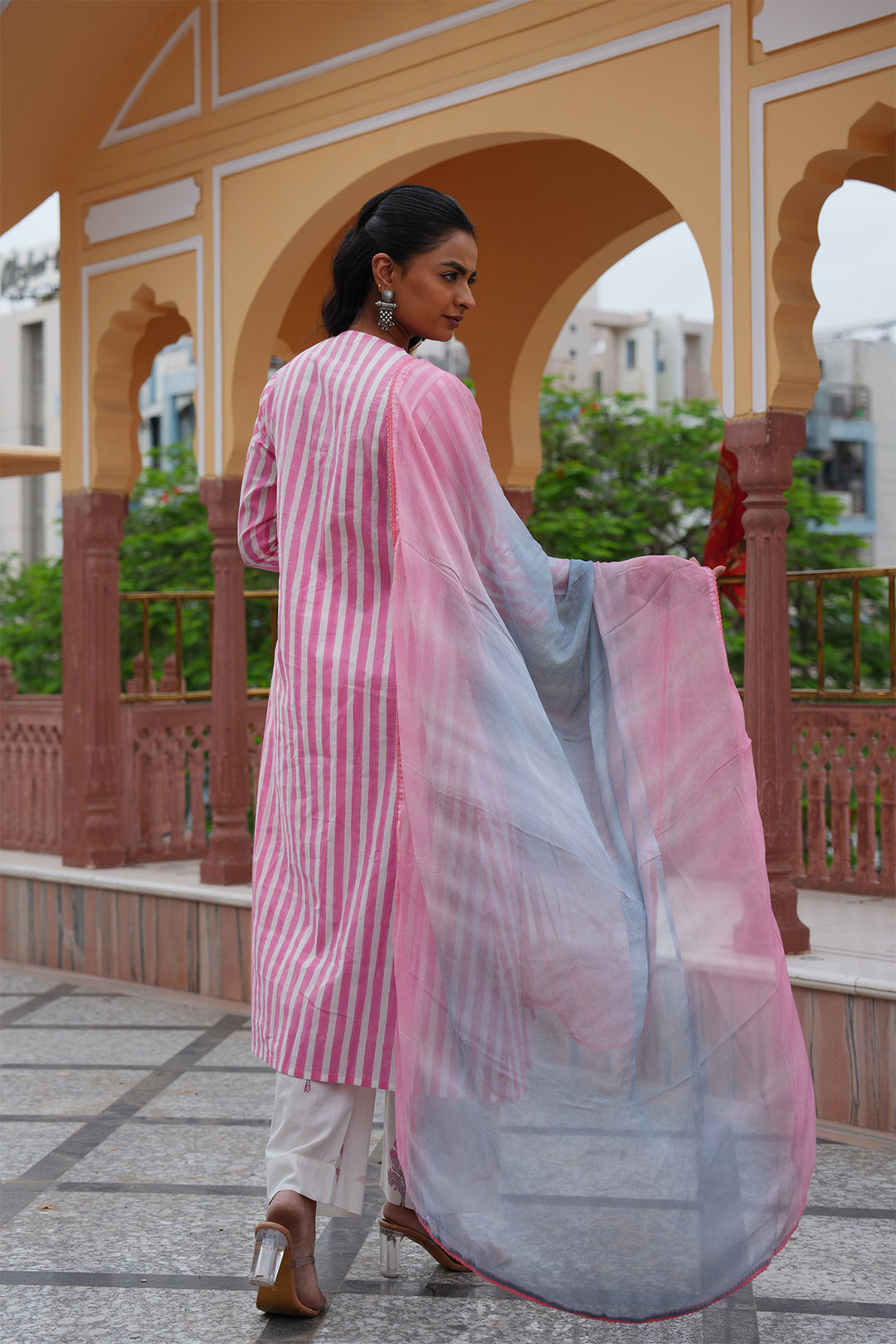 Pihu Pink Strip Angrakha Block Printed Suit Set of 3