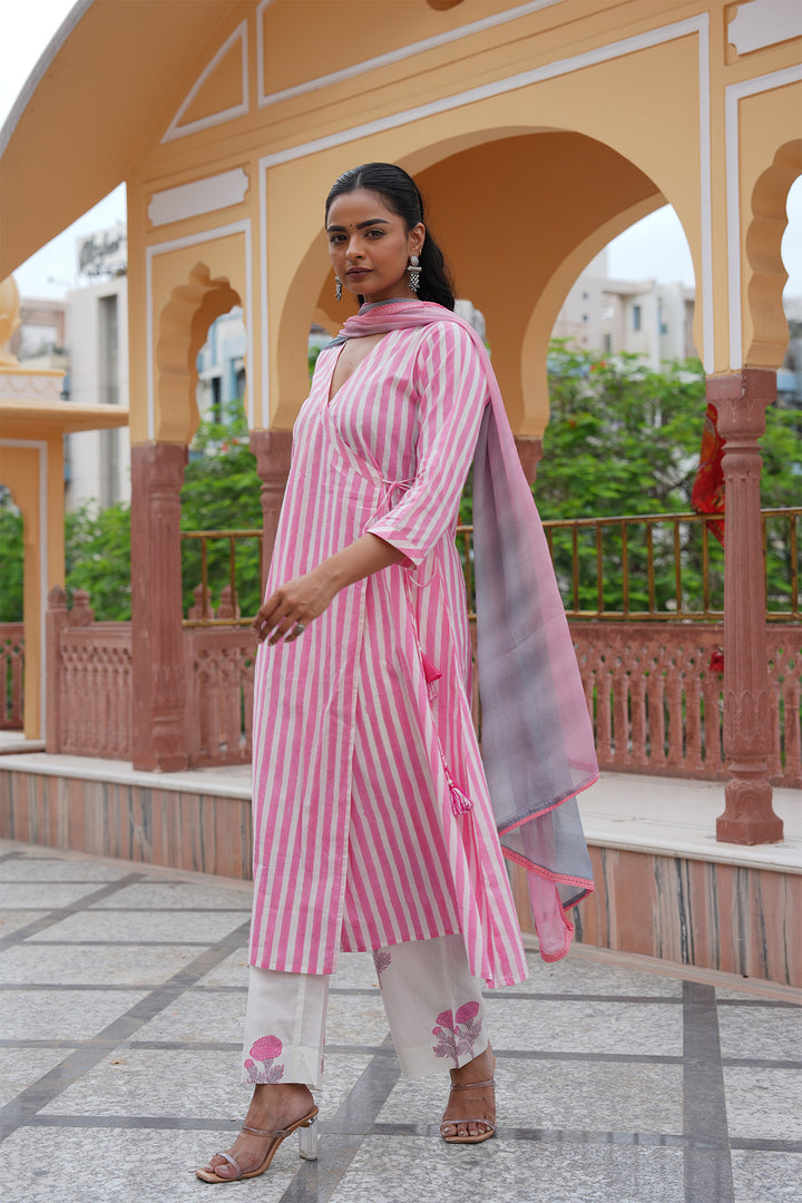 Pihu Pink Strip Angrakha Block Printed Suit Set of 3