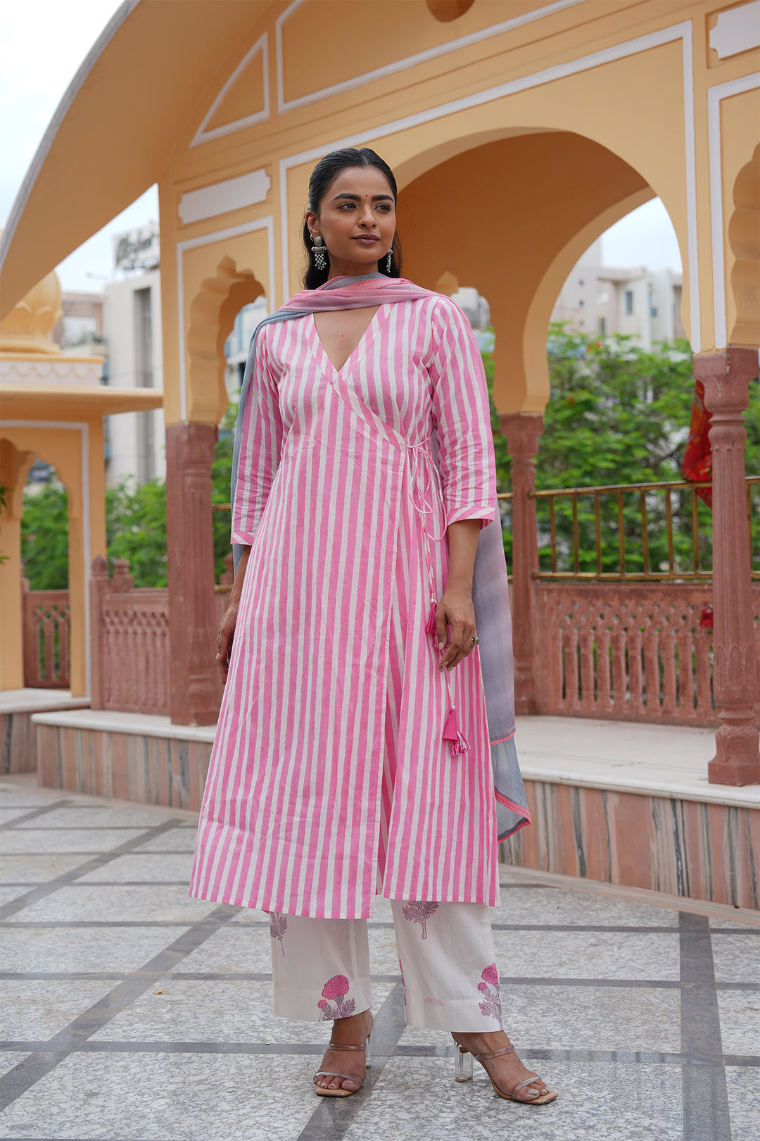 Pihu Pink Strip Angrakha Block Printed Suit Set of 3