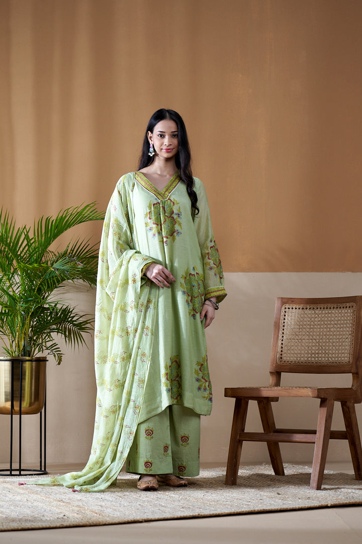 Gulab Green Chanderi Mulmul A-Line Suit Set of 3