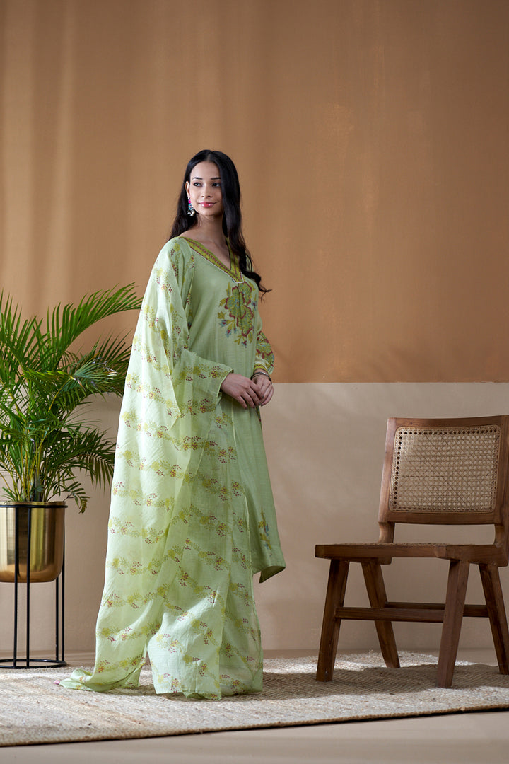 Gulab Green Chanderi Mulmul A-Line Suit Set of 3