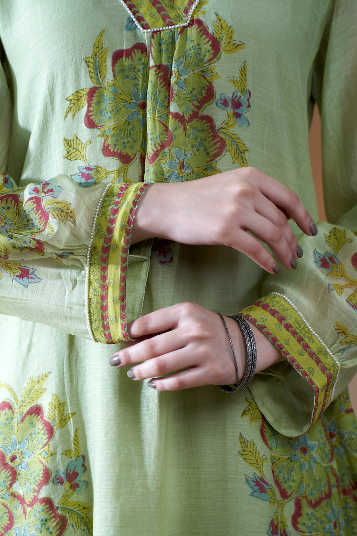 Gulab Green Chanderi Mulmul A-Line Suit Set of 3