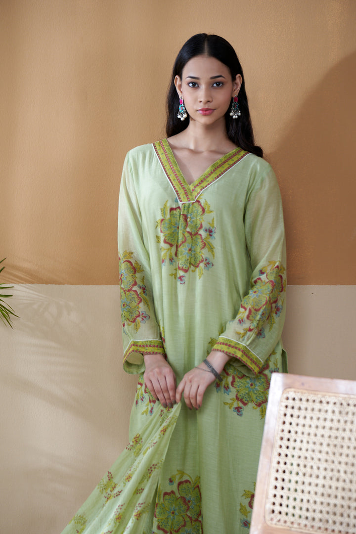 Gulab Green Chanderi Mulmul A-Line Suit Set of 3