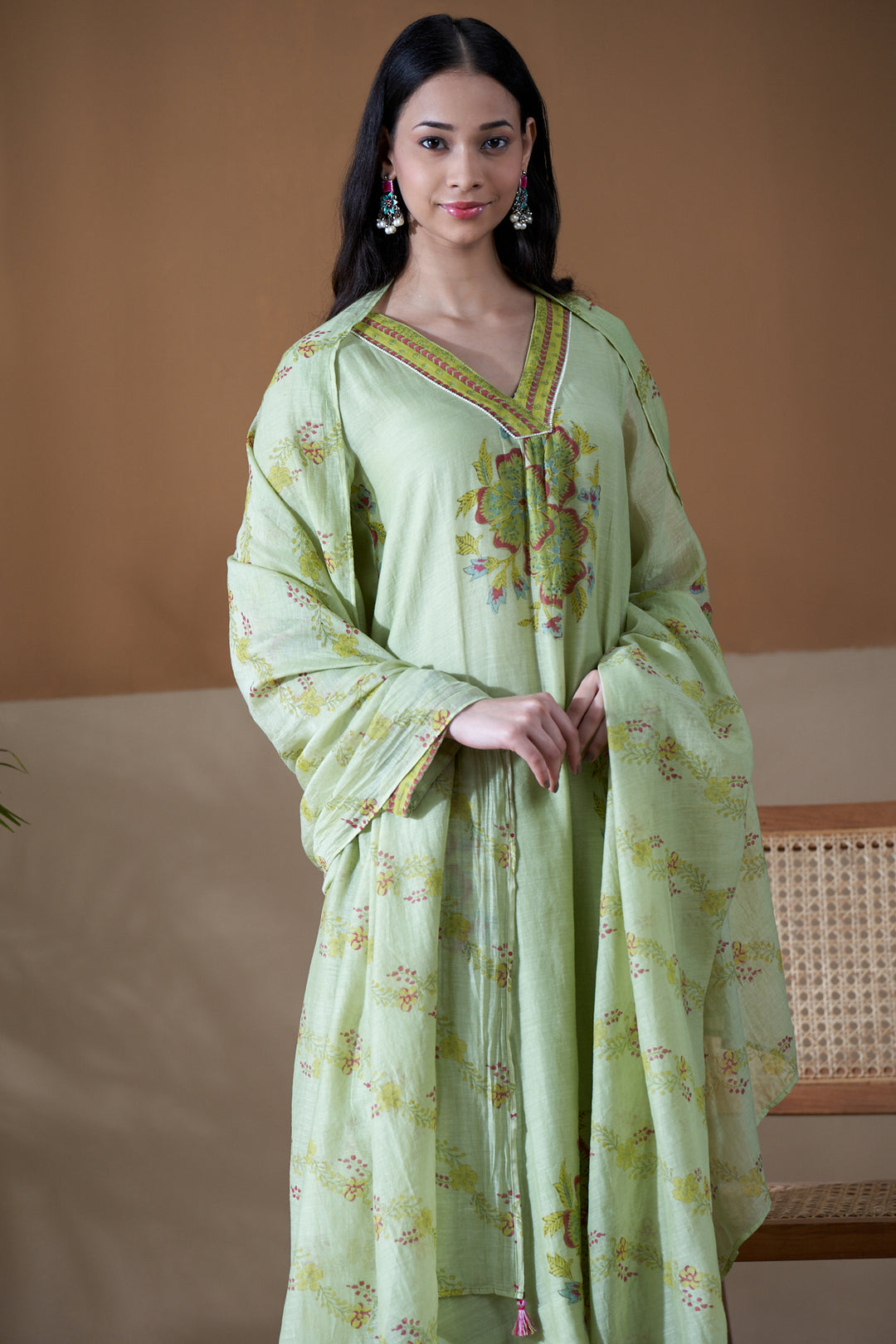 Gulab Green Chanderi Mulmul A-Line Suit Set of 3