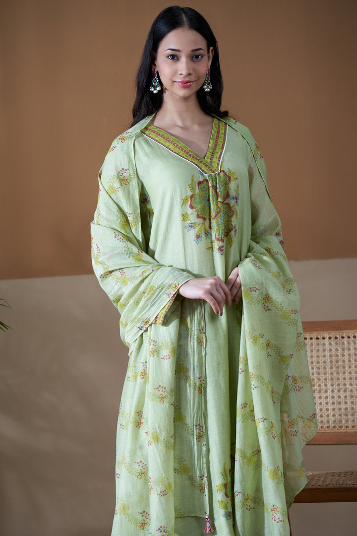Gulab Green Chanderi Mulmul A-Line Suit Set of 3