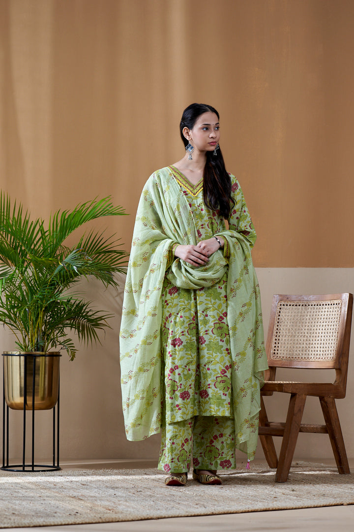 Gulab Green Cotton Suit Set of 3