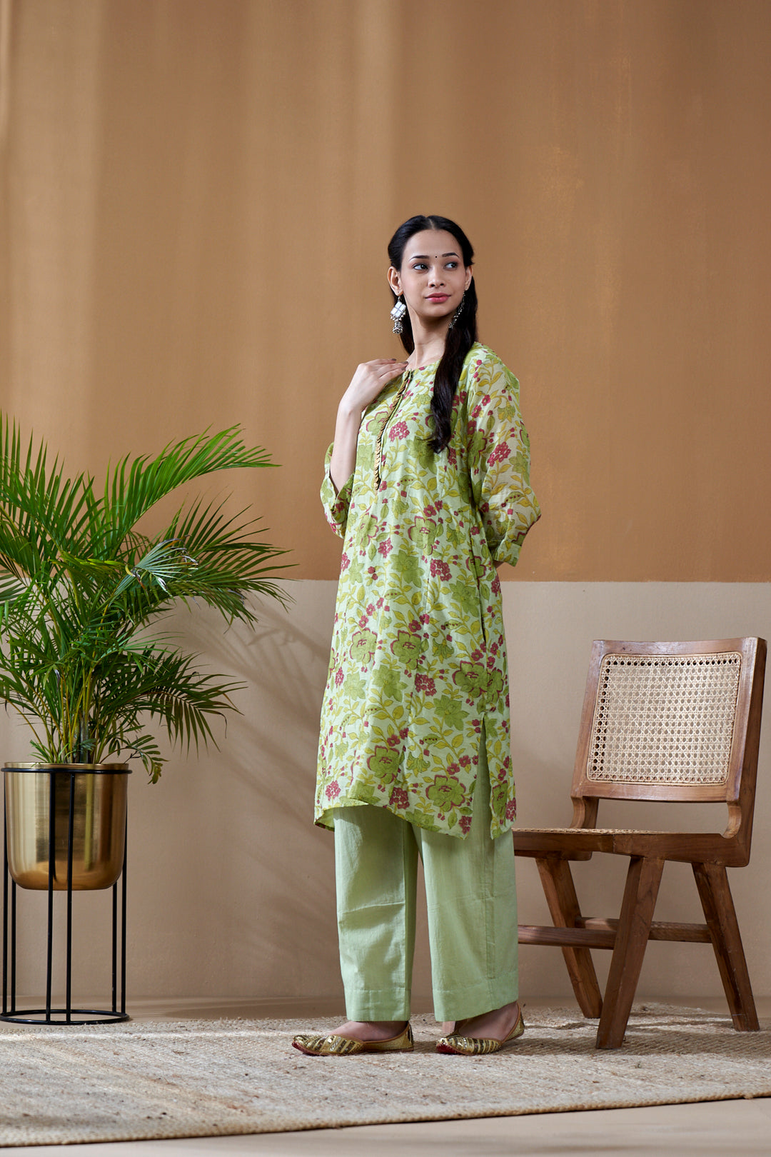Gulab Green Jaal Chanderi Mulmul Short Kurta Set of 3