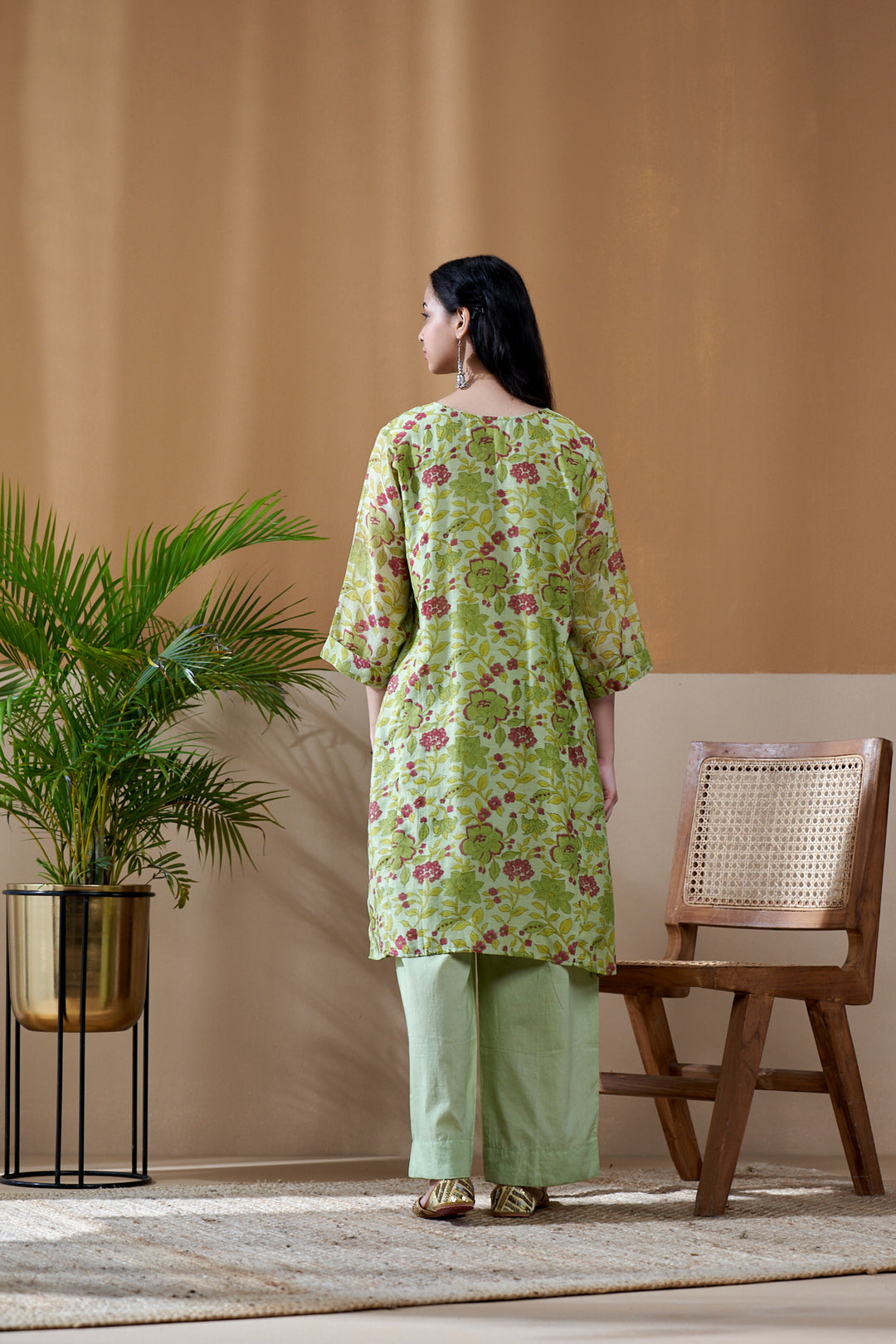 Gulab Green Jaal Chanderi Mulmul Short Kurta Set of 3