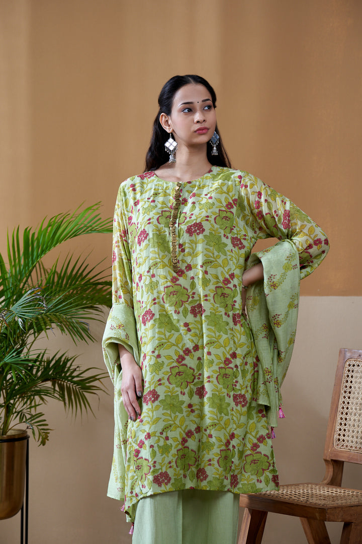Gulab Green Jaal Chanderi Mulmul Short Kurta Set of 3