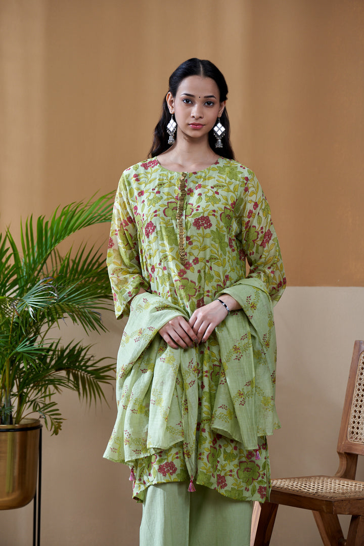 Gulab Green Jaal Chanderi Mulmul Short Kurta Set of 3