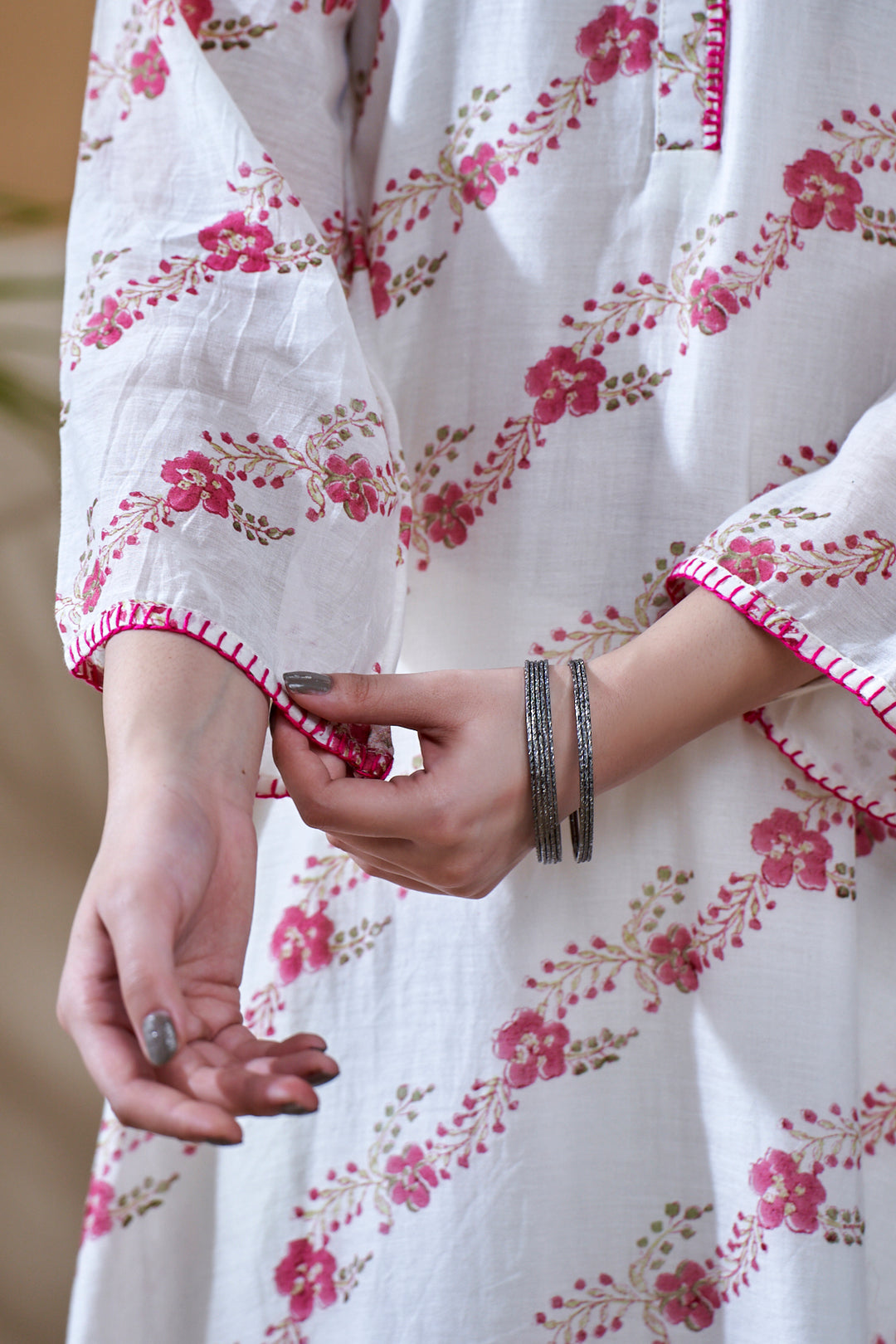 Gulab White Chanderi Mulmul Short Kurta Set of 3