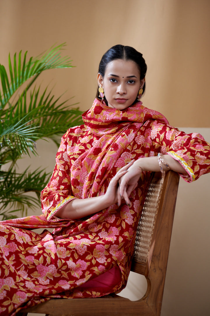 Zarin Red Jaal Chanderi Suit Set of 3