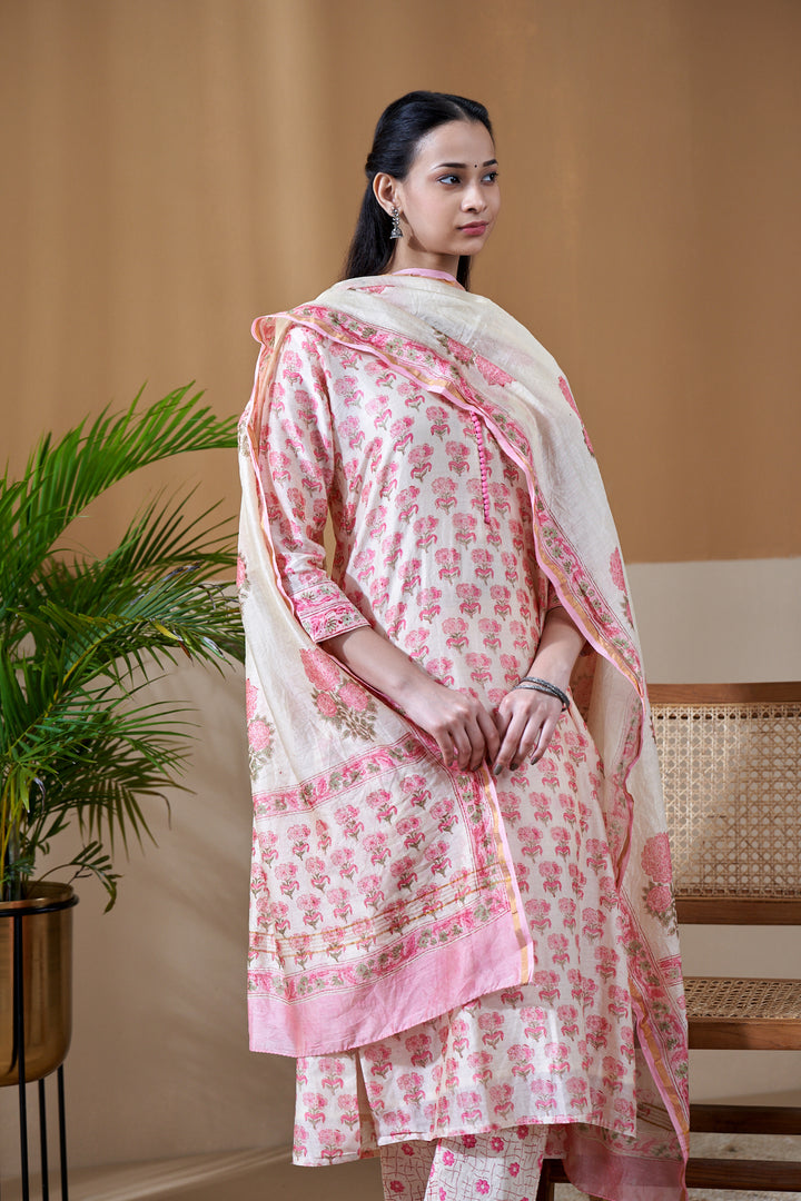 Zarin Off White Buti Chanderi Suit Set of 3