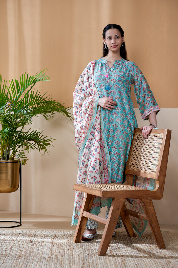 Zarin Tuquoise Chanderi Suit Set of 3