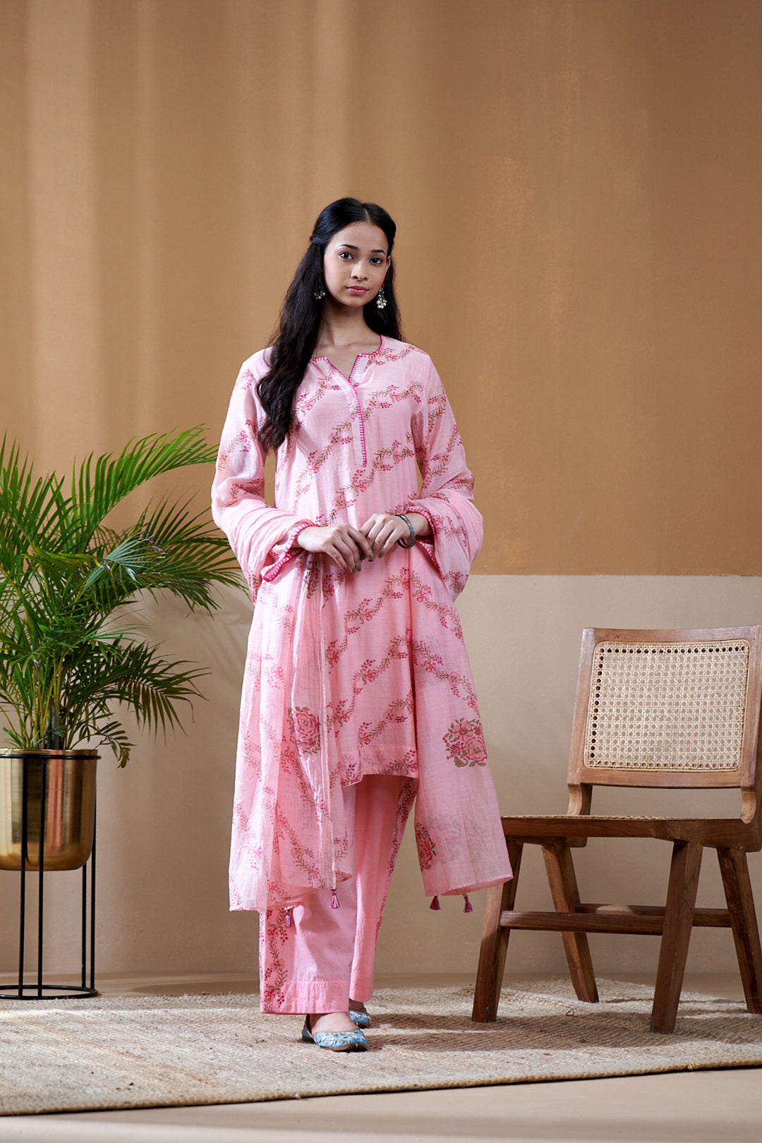 Gulab Pink Chanderi Mulmul Short Kurta Set of 3