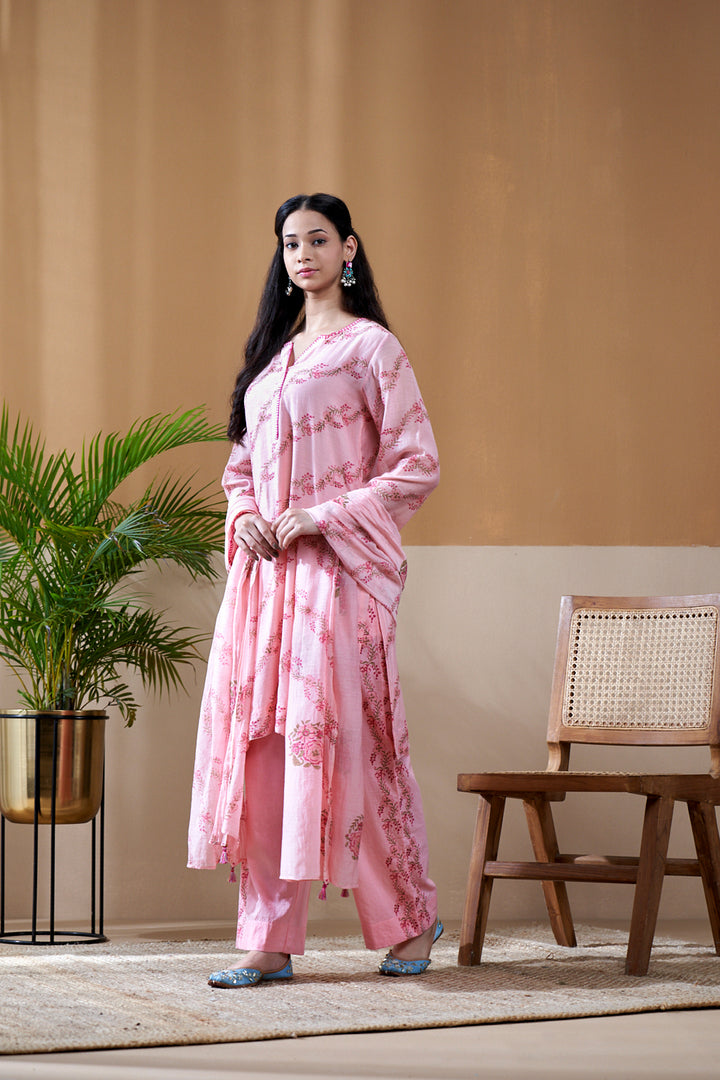 Gulab Pink Chanderi Mulmul Short Kurta Set of 3