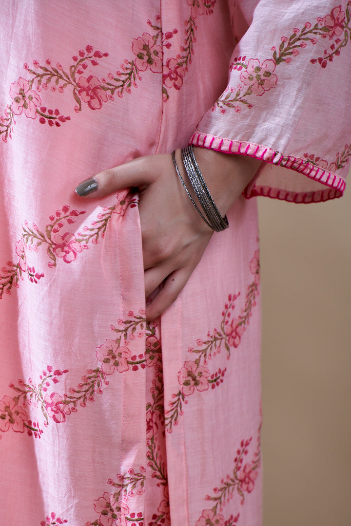 Gulab Pink Chanderi Mulmul Short Kurta Set of 3