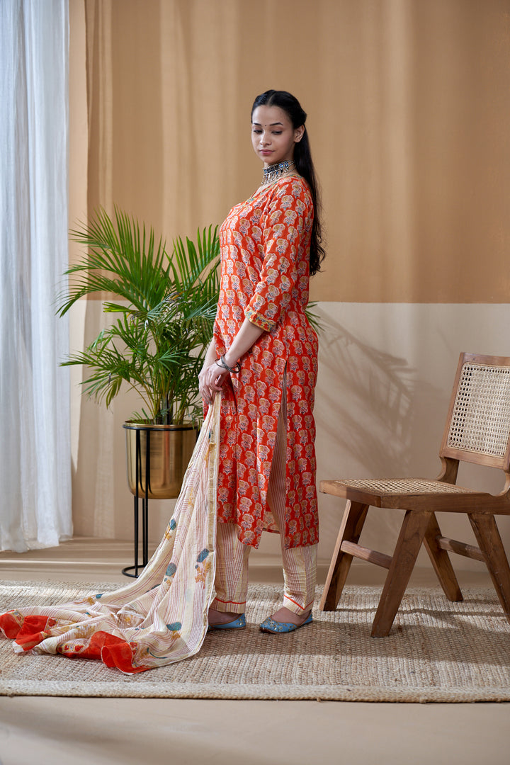 Zarin Orange Chanderi Suit Set of 3
