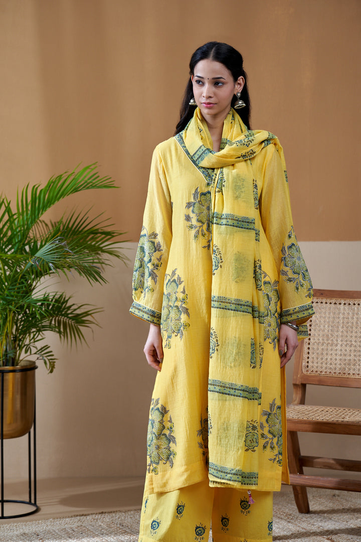 Gulab Yellow Chanderi Mulmul Suit Set of 3