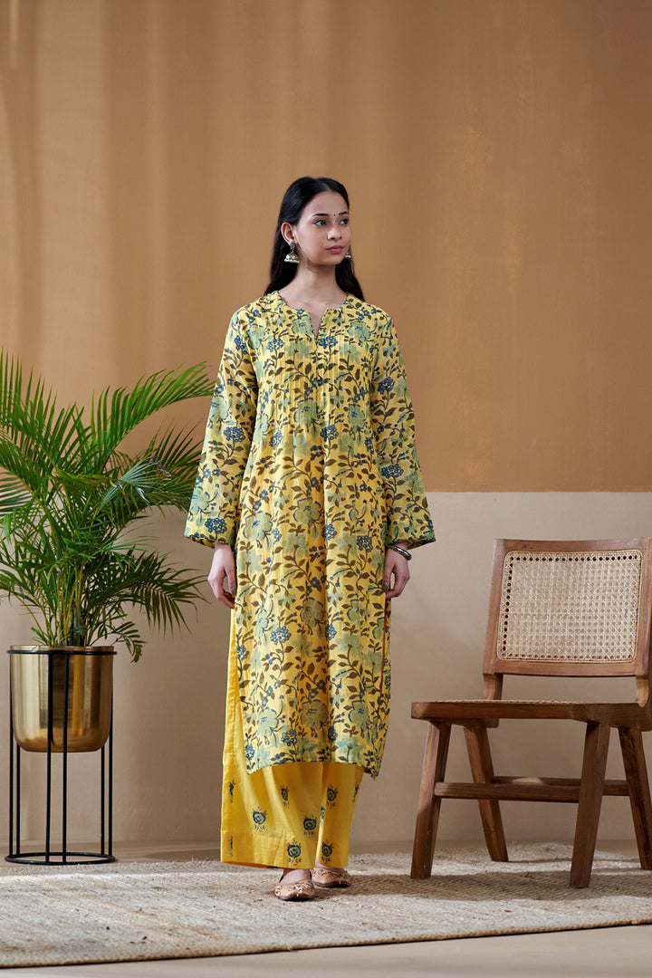 Gulab Yellow Jaal Chanderi Mulmul Suit Set of 3