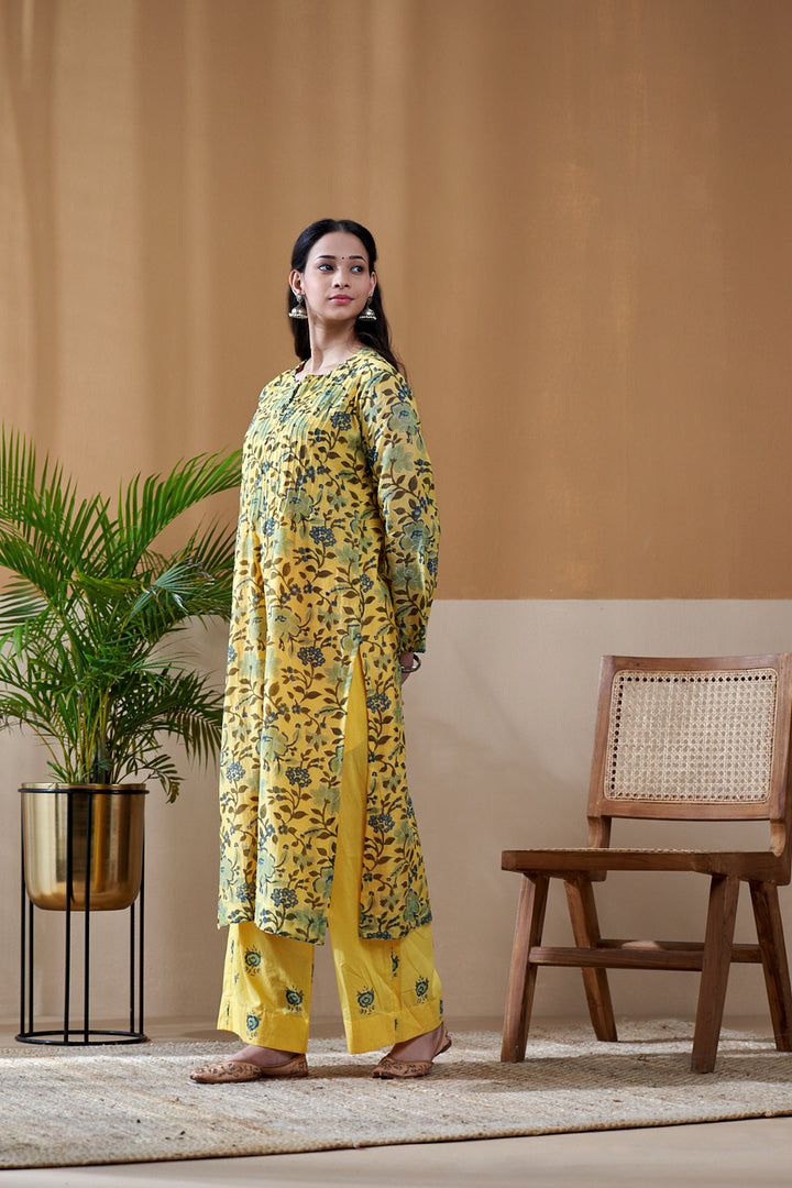 Gulab Yellow Jaal Chanderi Mulmul Suit Set of 3