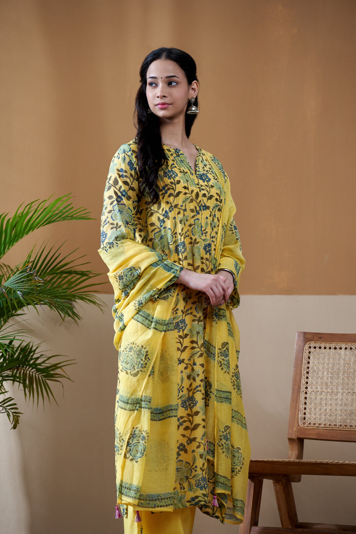 Gulab Yellow Jaal Chanderi Mulmul Suit Set of 3