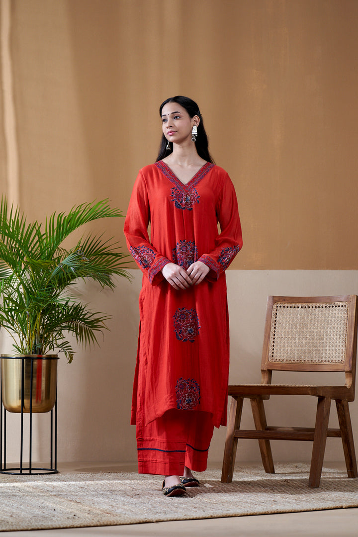 Gulab Red Chanderi Mulmul A-Line Suit Set of 3