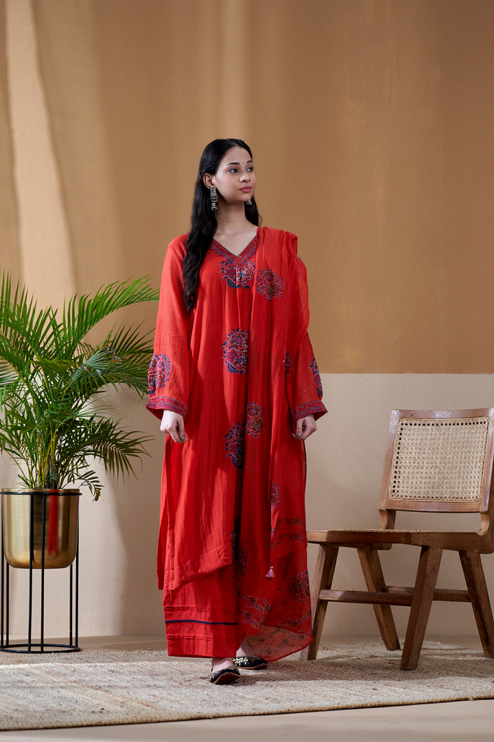 Gulab Red Chanderi Mulmul A-Line Suit Set of 3