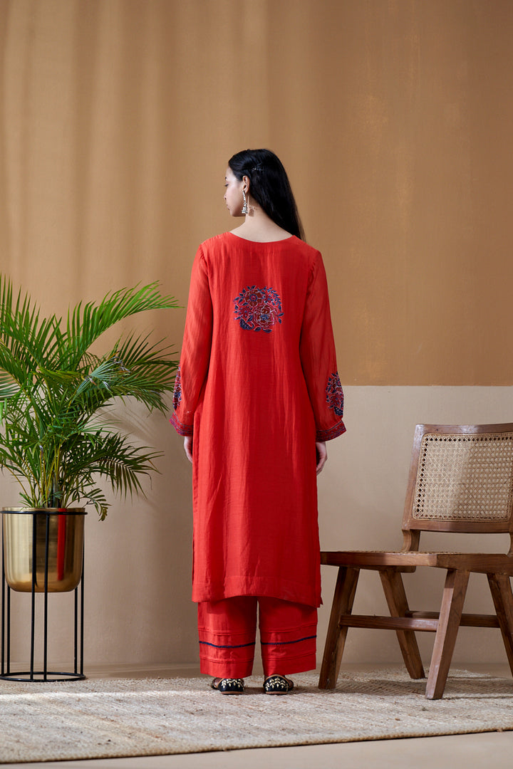 Gulab Red Chanderi Mulmul A-Line Suit Set of 3