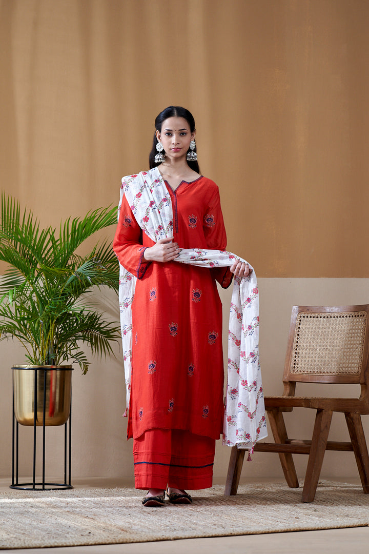 Gulab Red Chanderi Mulmul Suit Set of 3