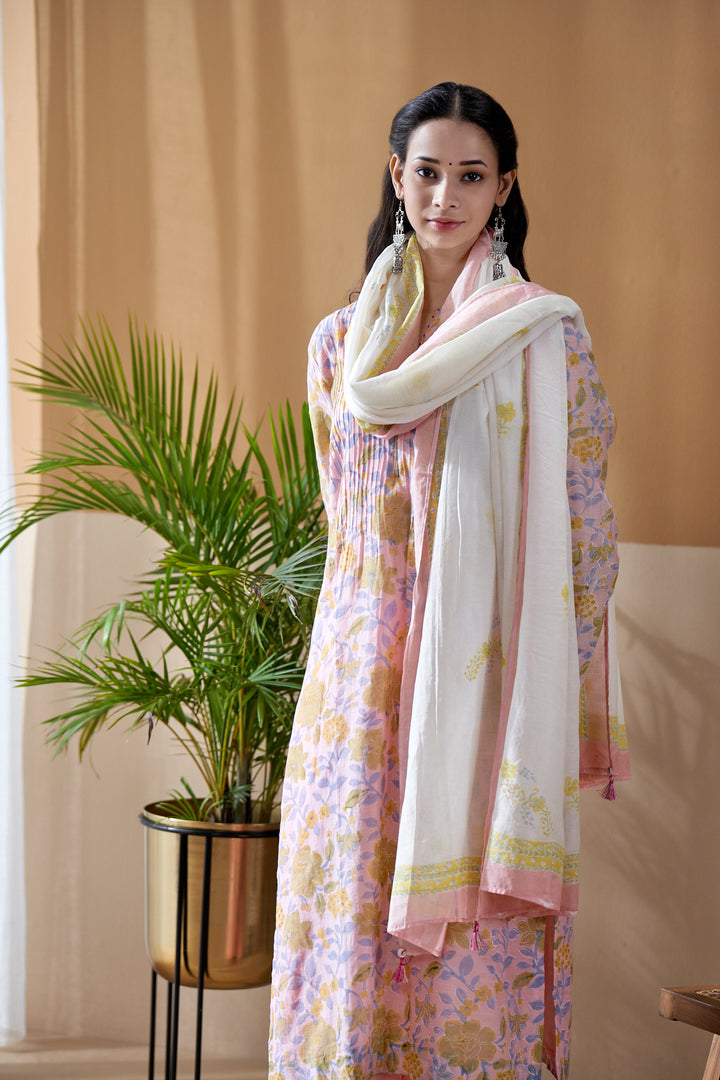Gulab Pink Jaal Chanderi Mulmul Suit Set of 3