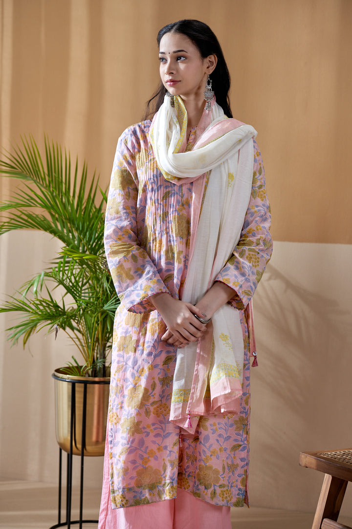 Gulab Pink Jaal Chanderi Mulmul Suit Set of 3