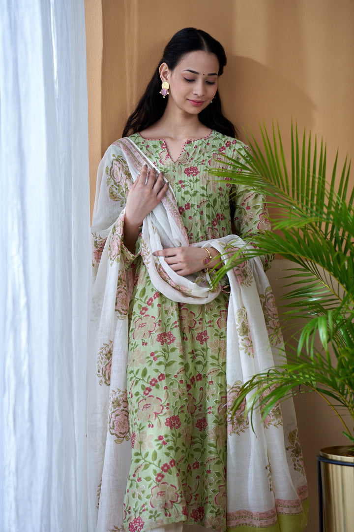 Gulab Green Jaal Chanderi Mulmul Suit Set of 3