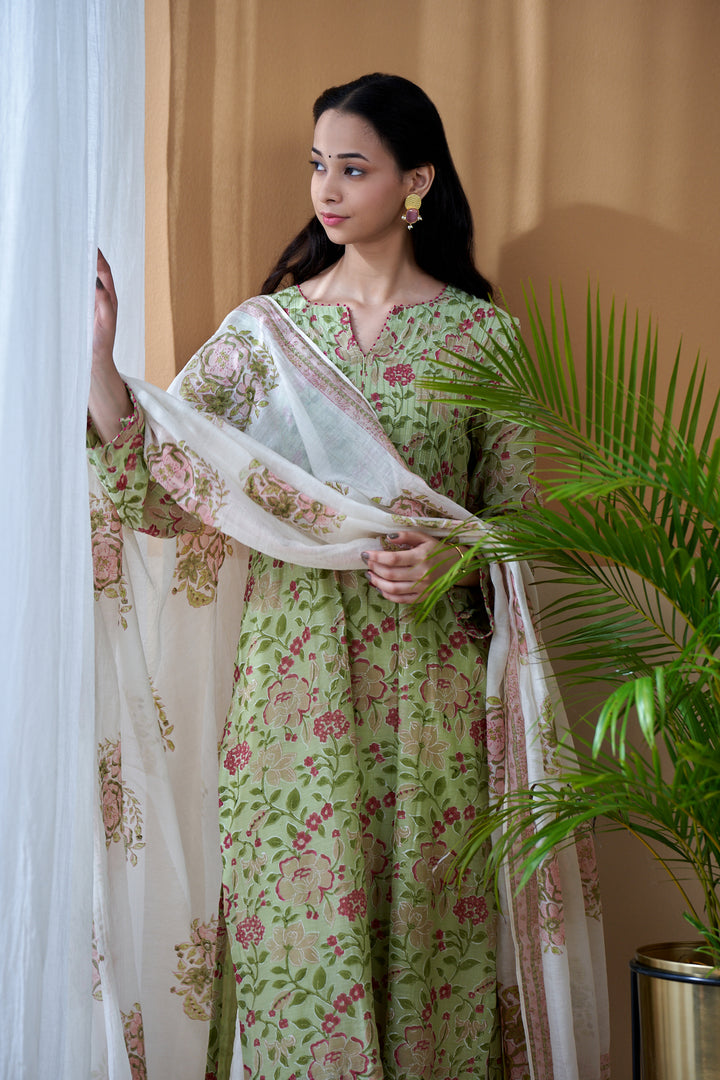 Gulab Green Jaal Chanderi Mulmul Suit Set of 3