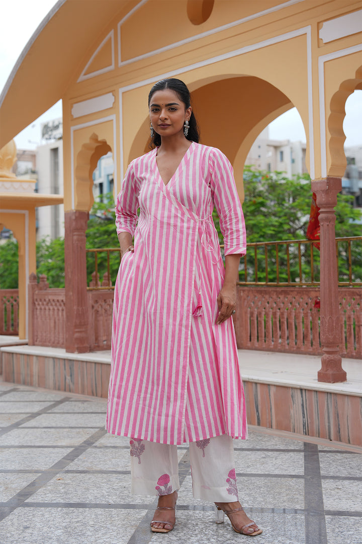 Pihu Pink Strip Angrakha Block Printed Kurta Set of 2