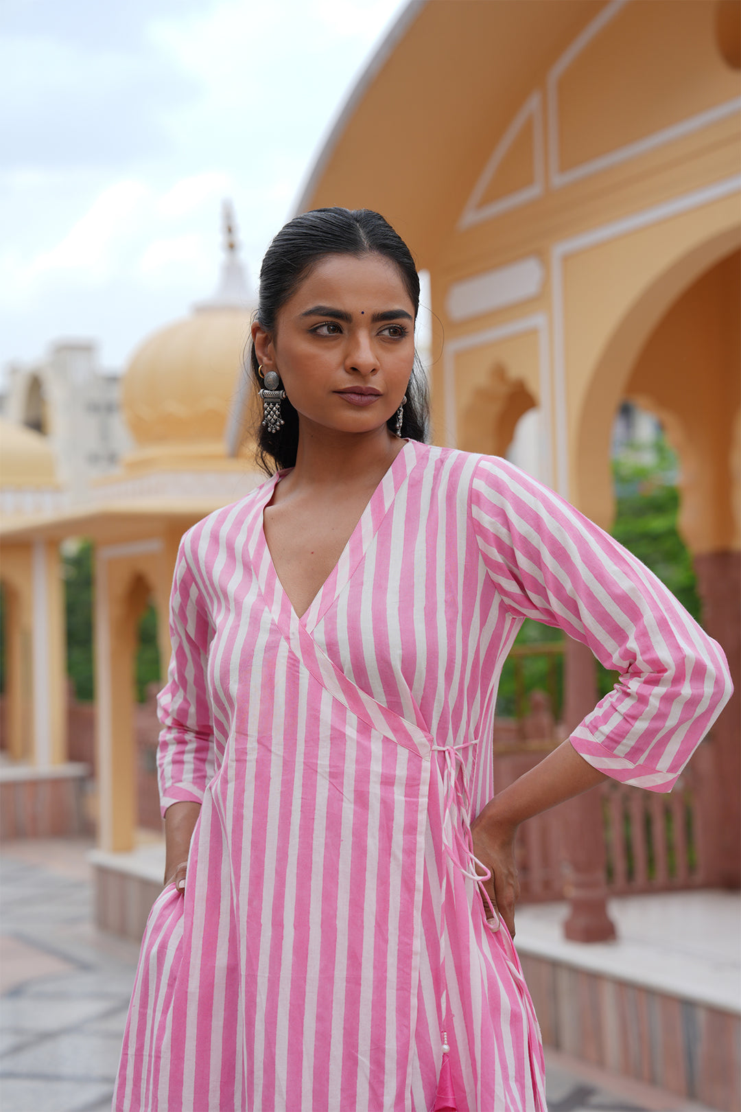 Pihu Pink Strip Angrakha Block Printed Suit Set of 3