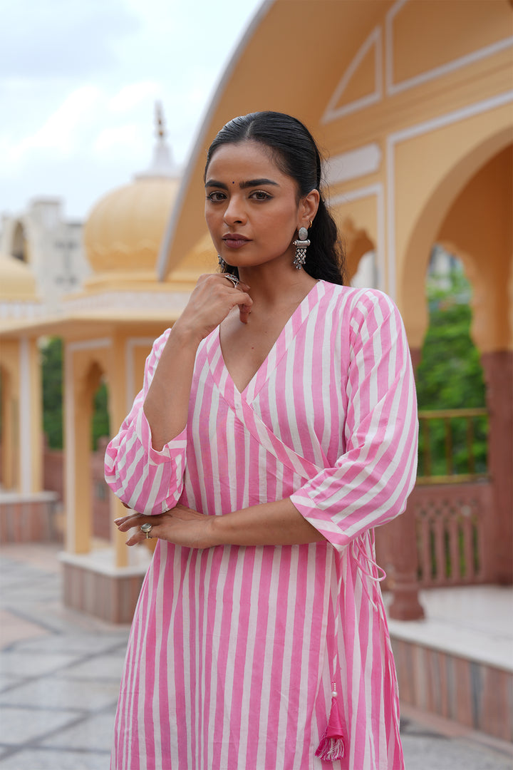 Pihu Pink Strip Angrakha Block Printed Kurta Set of 2