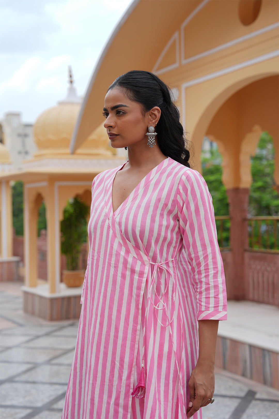 Pihu Pink Strip Angrakha Block Printed Kurta Set of 2