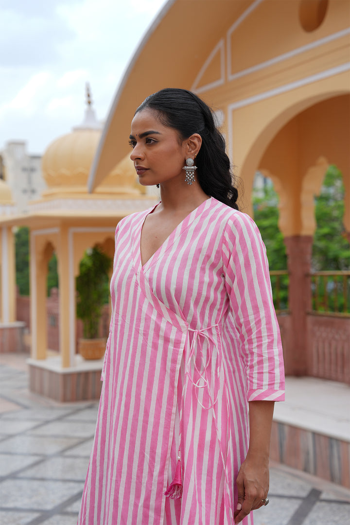 Pihu Pink Strip Angrakha Block Printed Kurta Set of 2