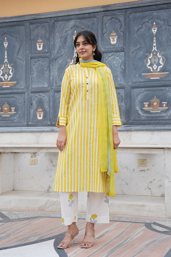 Pihu Yellow Strip Block Printed Suit Set of 3