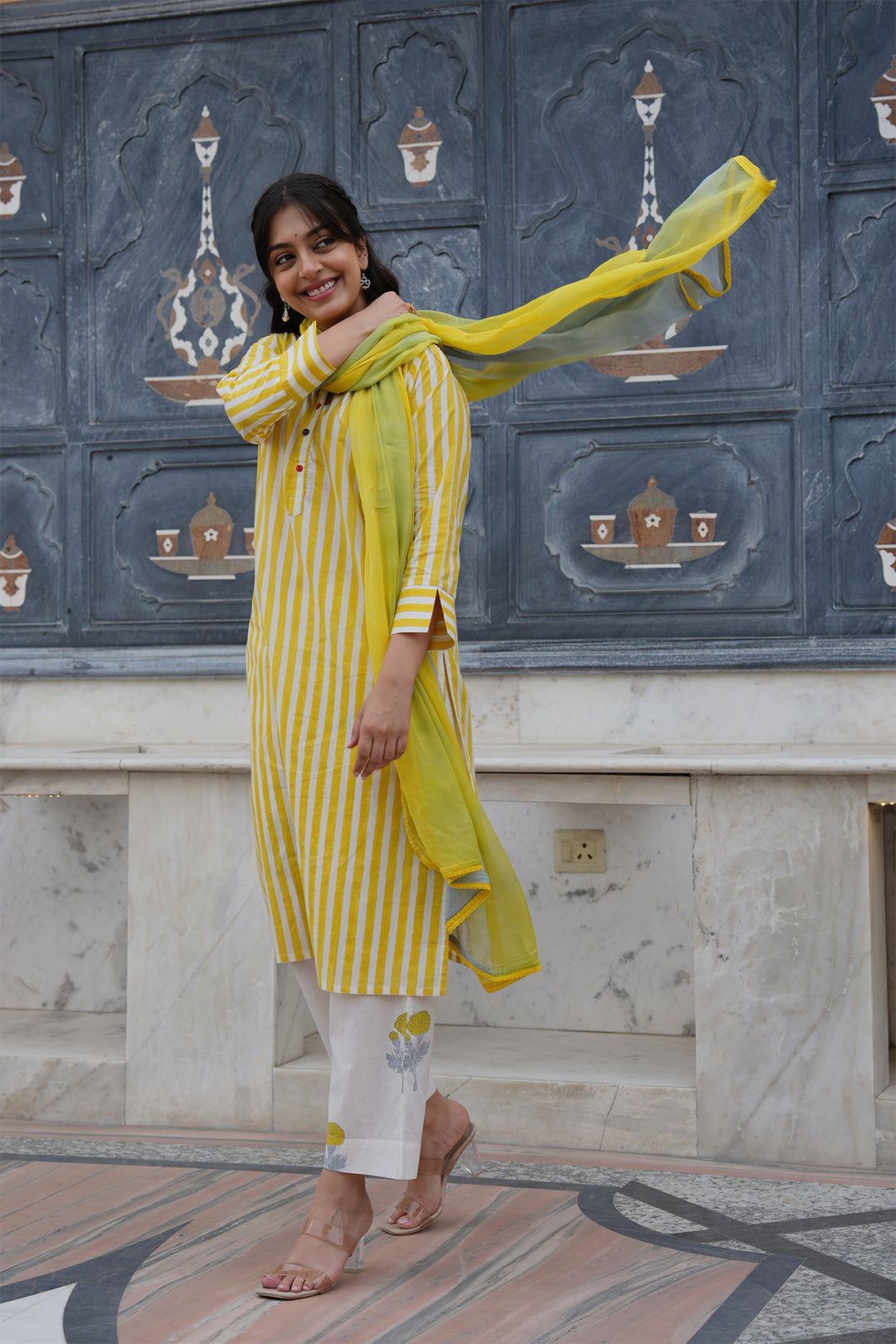 Pihu Yellow Strip Block Printed Suit Set of 3