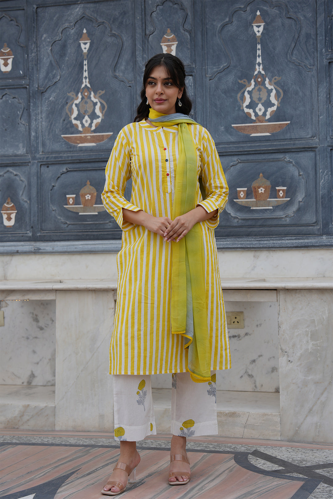 Pihu Yellow Strip Block Printed Suit Set of 3