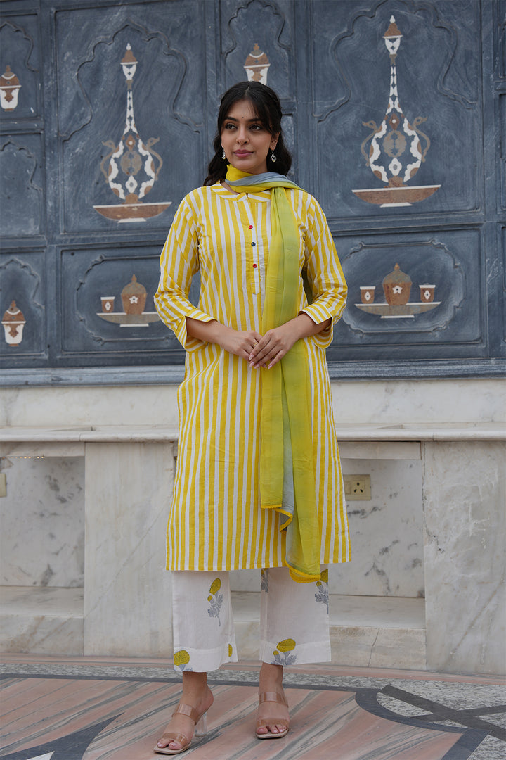 Pihu Yellow Strip Block Printed Suit Set of 3