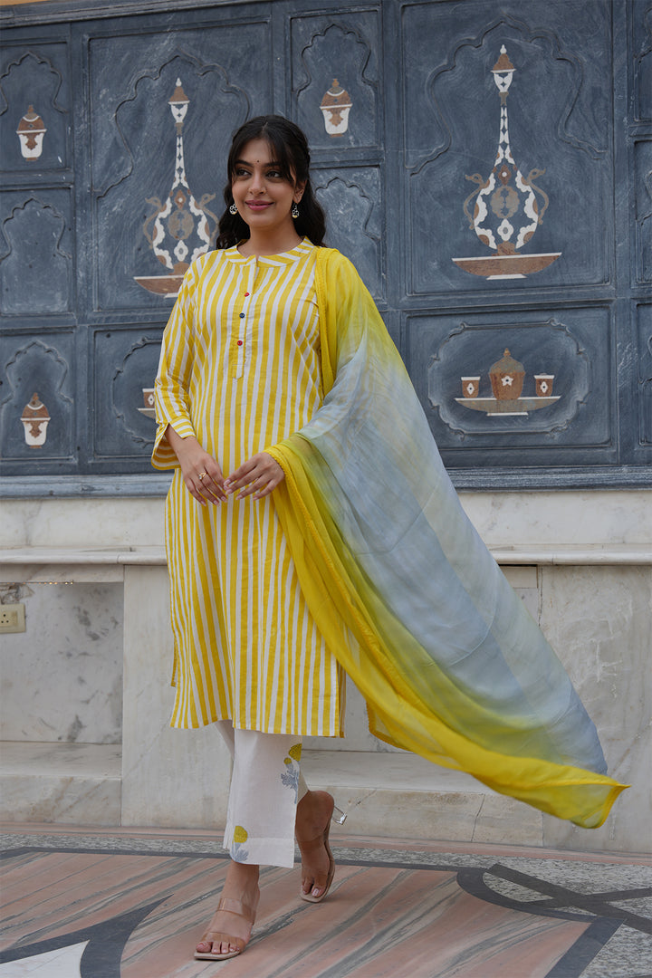 Pihu Yellow Strip Block Printed Suit Set of 3