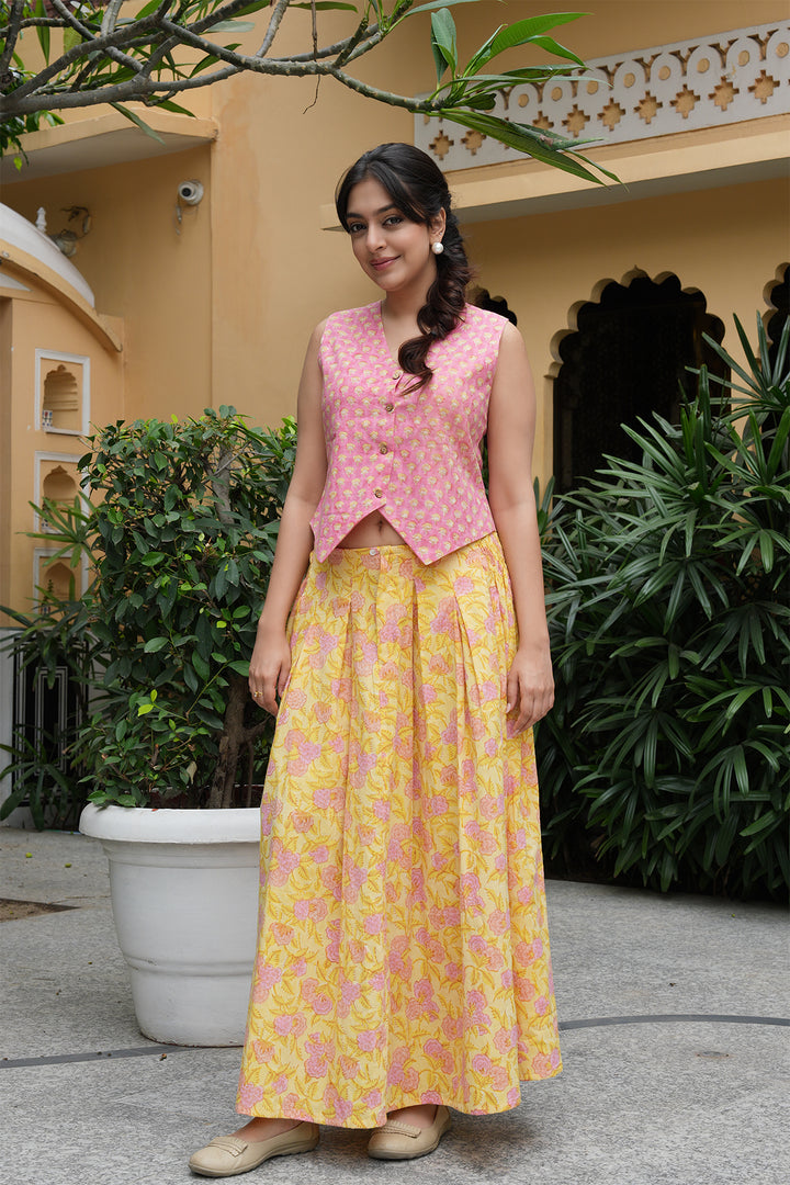 Pihu Pink Block Printed Top with Yellow Block Printed Skirt