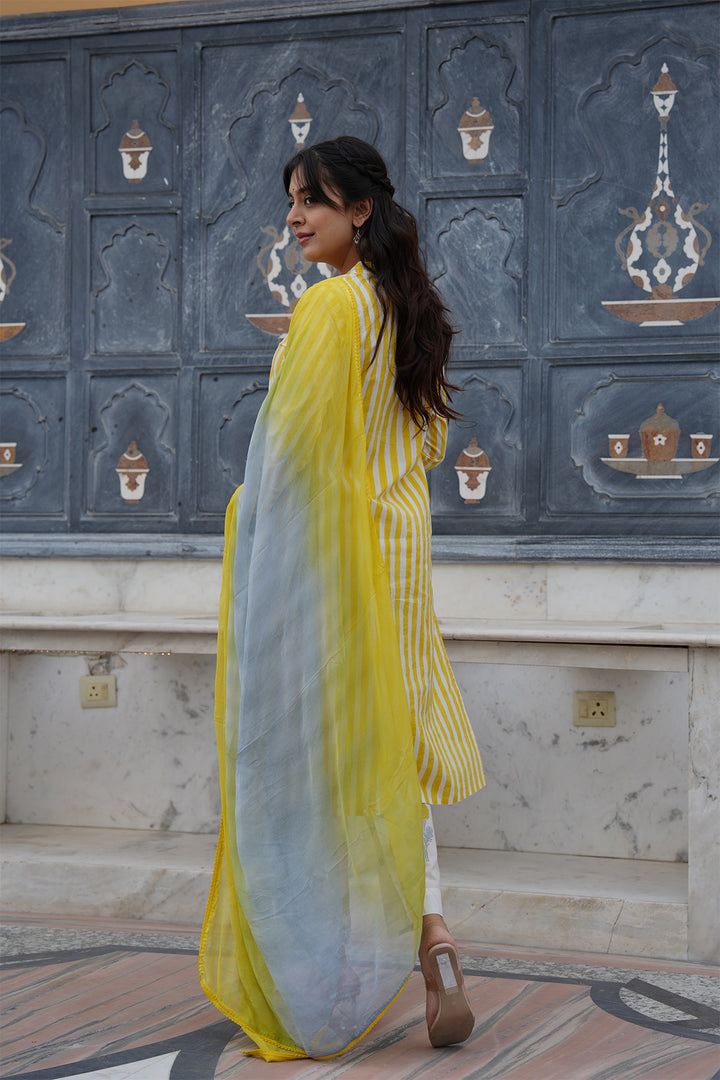 Pihu Yellow Strip Block Printed Suit Set of 3