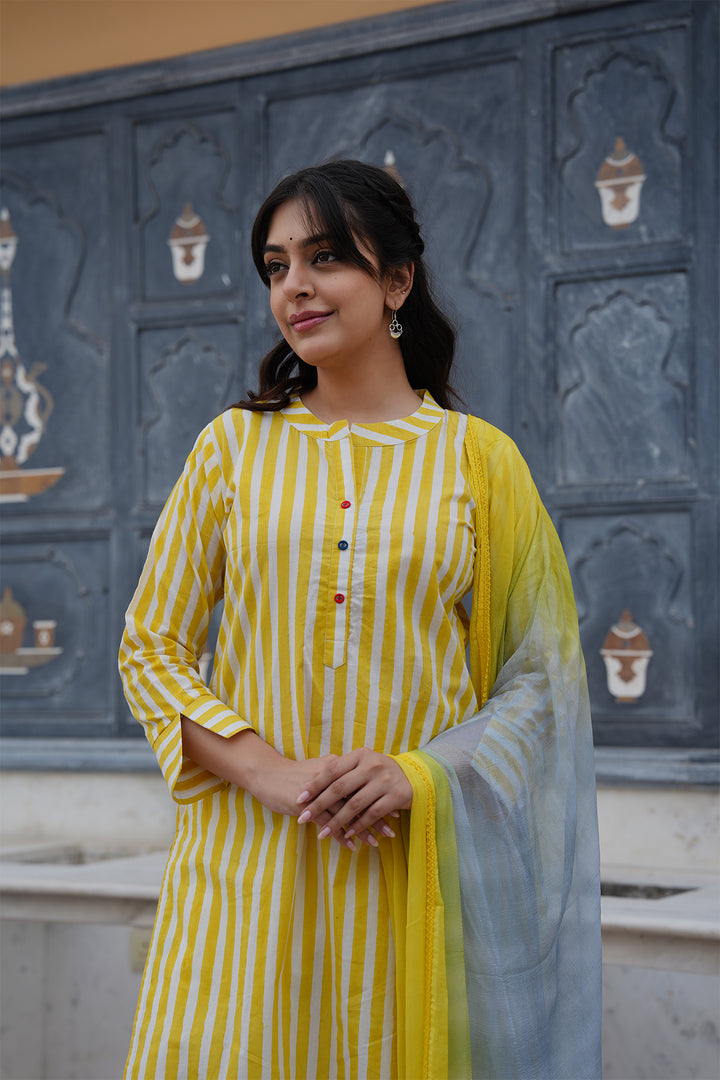 Pihu Yellow Strip Block Printed Suit Set of 3